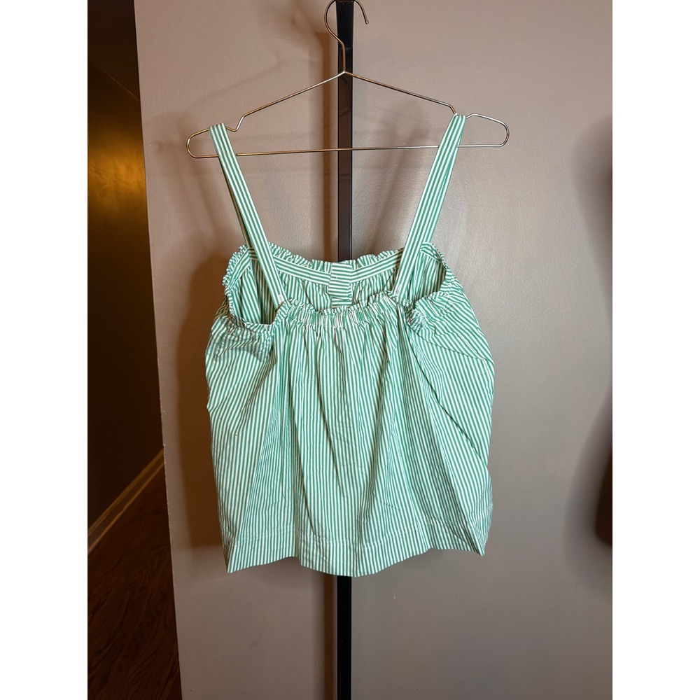 J.Crew Green White Striped Button Front Ruffle Camisole Tank Top Cotton Poplin - Picture 2 of 4